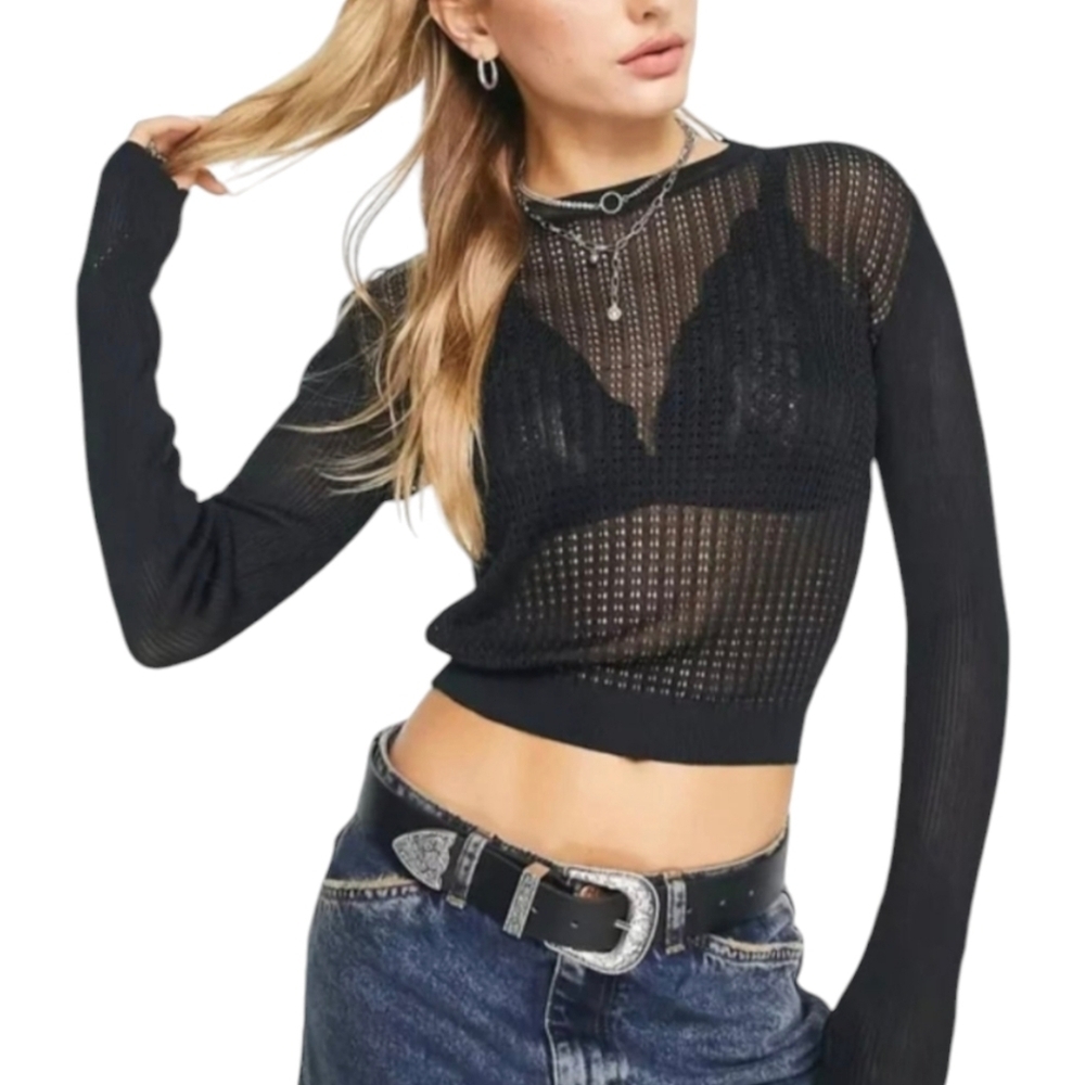 Free People Black Sheer Crew Neck Sweater